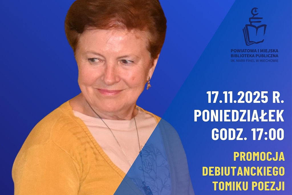 Plakat promujący spotkanie autorskie „Rozmowy nieautoryzowane” z Krystyną Gamrat, połączone z promocją jej debiutanckiego tomiku poezji. Wydarzenie odbędzie się 17 listopada 2025 roku (poniedziałek) o godzinie 17:00 w Powiatowej i Miejskiej Bibliotece Publicznej im. Marii Fihel w Miechowie, przy Placu T. Kościuszki 7. Spotkanie poprowadzi Aleksandra Werys. Na plakacie widoczna jest Krystyna Gamrat na niebieskim tle.