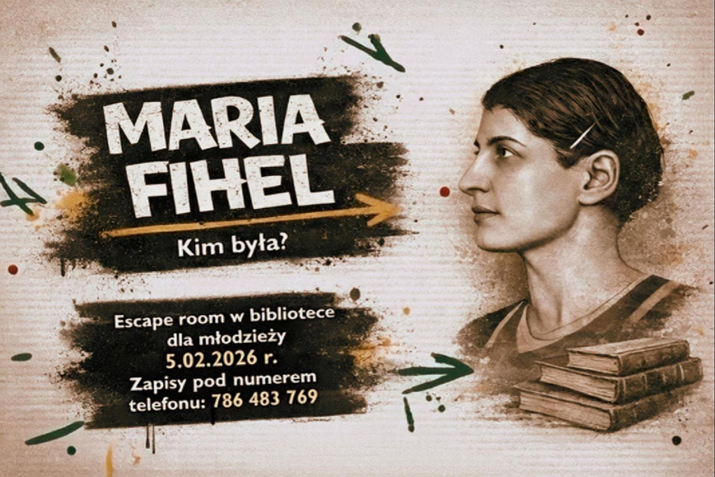 Plakat wydarzenia: Escape room »Kim była Maria Fihel?« – ilustracja portretowa kobiety z książkami, informacja o escape roomie w bibliotece dla młodzieży, data 5.02.2026