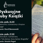 Plakat informujący o styczniowych spotkaniach Dyskusyjnego Klubu Książki w bibliotece – daty 19 i 22 stycznia, godziny spotkań oraz tytuły omawianych książek. Po prawej stronie zdjęcie otwartej książki trzymanej w dłoni.