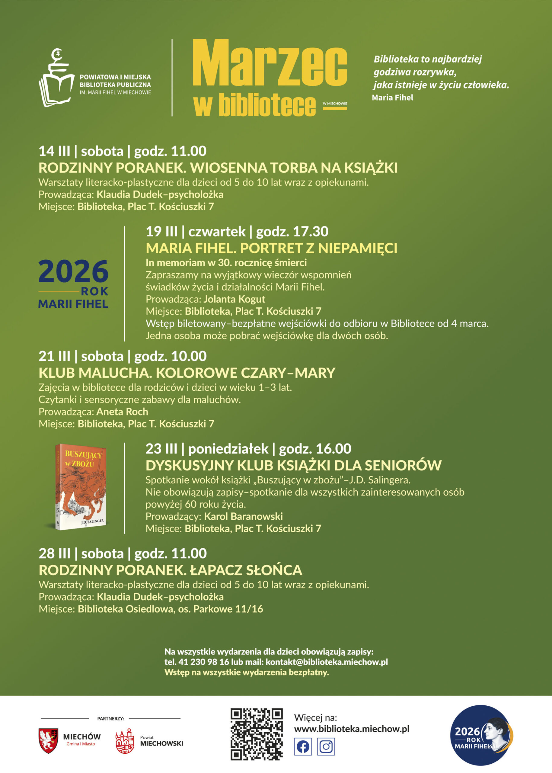 Plakat „Marzec w bibliotece” Powiatowej i Miejskiej Biblioteki Publicznej im. Marii Fihel w Miechowie z harmonogramem wydarzeń na marzec 2026 roku. W programie m.in.: Rodzinny Poranek (14 i 28 marca), spotkanie „Maria Fihel. Portret z niepamięci” (19 marca), Klub Malucha (21 marca) oraz Dyskusyjny Klub Książki dla Seniorów (23 marca). Na plakacie informacja o 2026 Roku Marii Fihel, dane kontaktowe biblioteki oraz adres: Plac T. Kościuszki 7 i Biblioteka Osiedlowa, os. Parkowe 11/16