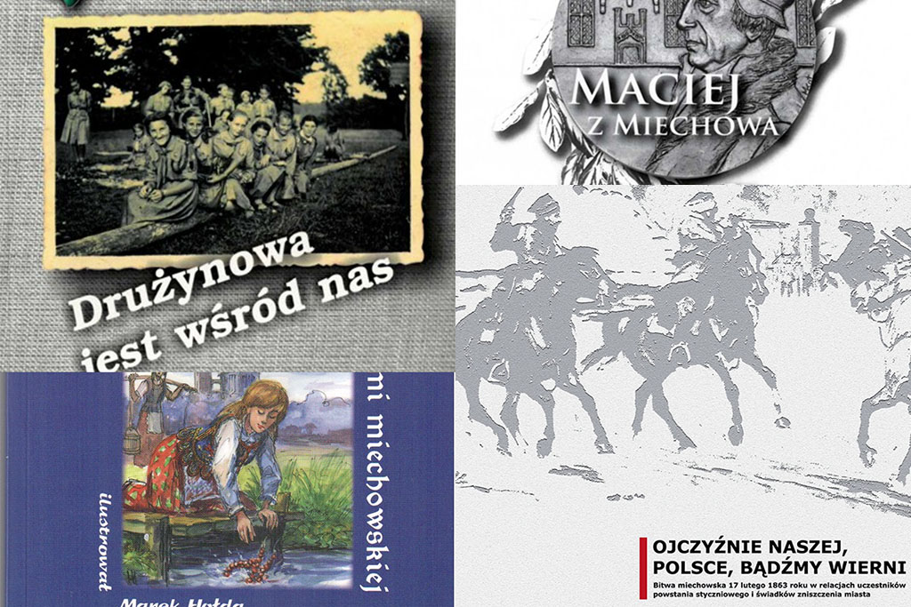 Kolaż grafik historycznych: archiwalne zdjęcie drużyny harcerskiej z napisem „Drużynowa jest wśród nas”, medalion z wizerunkiem Macieja z Miechowa, ilustracja dziewczynki nad wodą oraz szkic sceny bitwy z podpisem o ojczyźnie i Polsce