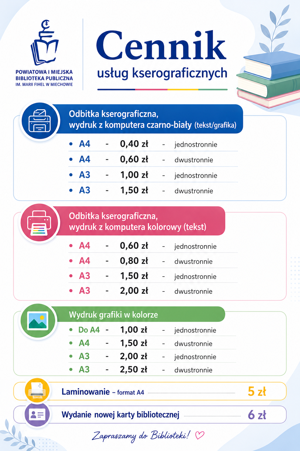Cennik usług kserograficznych Powiatowej i Miejskiej Biblioteki Publicznej im. Marii Fihel w Miechowie. Cennik zawiera ceny kserokopii i wydruków czarno-białych (tekst/grafika), wydruków kolorowych (tekst), wydruków grafiki w kolorze, laminowania w formacie A4 oraz wydania nowej karty bibliotecznej.