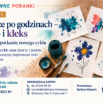 Plakat promujący warsztaty kreatywne dla dzieci „Pisarze po godzinach – pióro i kleks” w ramach cyklu Kreatywne Poranki. Grafika przedstawia kolorowe prace plastyczne wykonane z farb, pędzle i przybory artystyczne oraz informacje o spotkaniu 19 września w Bibliotece w Miechowie.