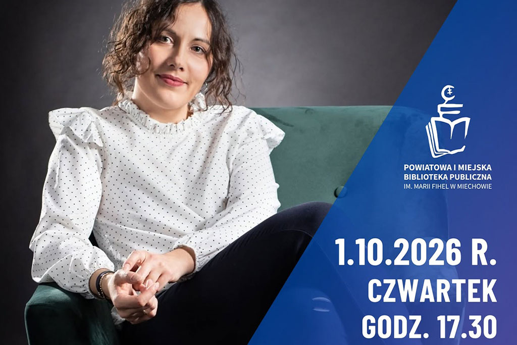 Plakat zapowiada spotkanie autorskie i premierę książki „Zobaczymy się później” Nathalie K. Flower. Wydarzenie odbędzie się 1 października 2026 r. o godz. 17:30 w Bibliotece przy pl. T. Kościuszki 7 w Miechowie. Na plakacie znajduje się zdjęcie autorki oraz okładka książki.