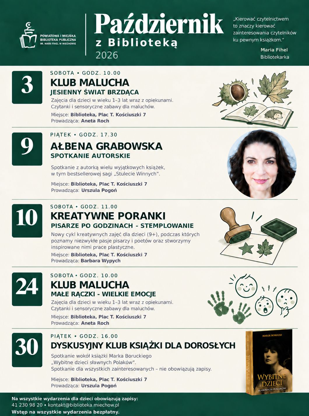 Plakat „Październik z Biblioteką 2026” Powiatowej i Miejskiej Biblioteki Publicznej im. Marii Fihel w Miechowie z kalendarzem wydarzeń: Klub Malucha, spotkanie autorskie z Ałbeną Grabowską, kreatywne poranki oraz Dyskusyjny Klub Książki dla dorosłych. Na plakacie podano daty, godziny, miejsca i prowadzących.